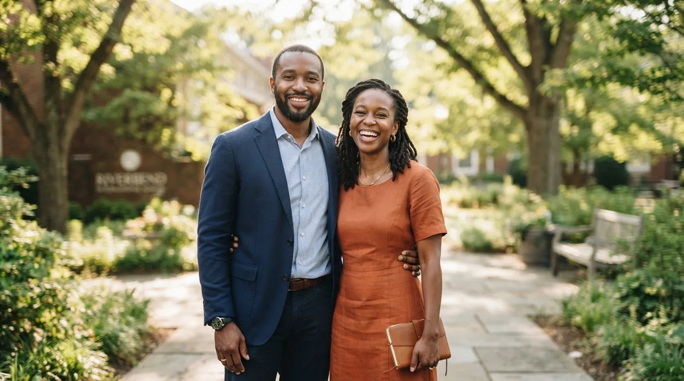 Warm smiling African couple standing together outdoors, looking happily toward camera, smart casual attire, soft sun-dappled foliage in the background, authentic photography.