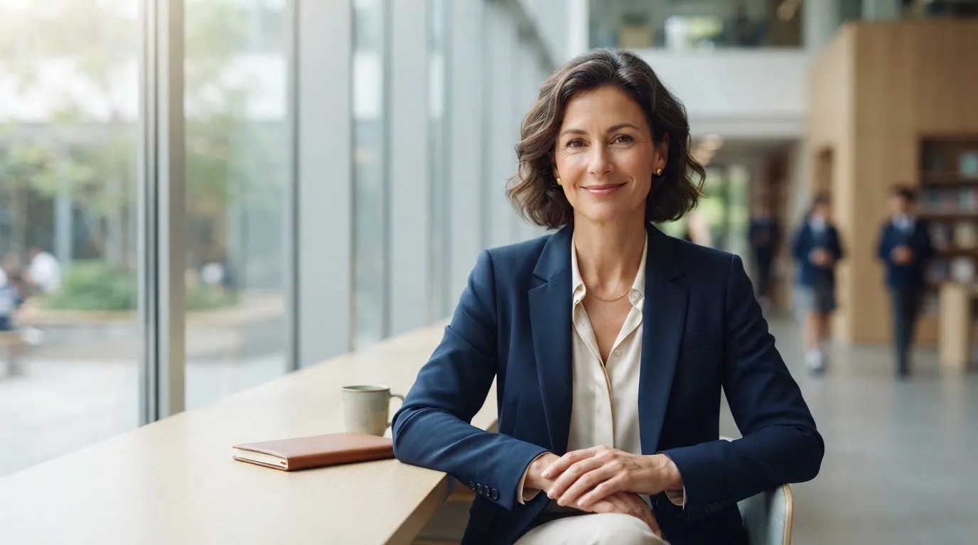 Portrait of an international expatriate woman in her late forties smiling gently, natural daylight, sophisticated minimalist composition, shallow depth of field.