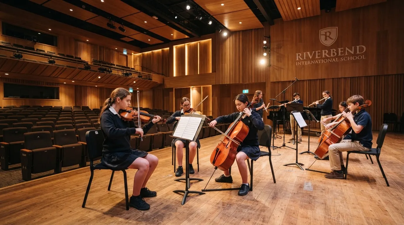 High-end school performing arts center and music auditorium with orchestral instruments, acoustic timber panelling, stage lighting, students practicing violin and cello, warm ambient illumination.