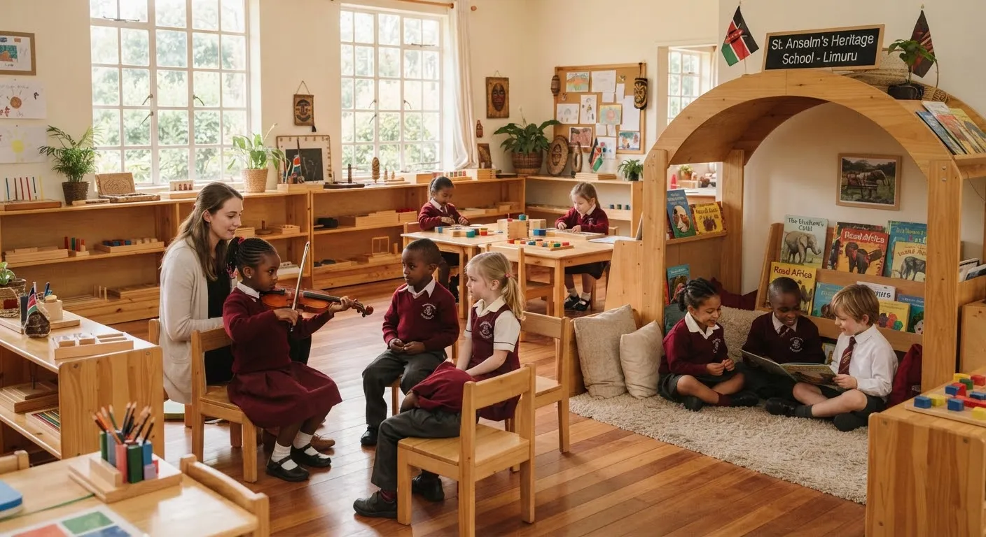 Young Kenyan and international school children in crisp maroon and ivory St. Anselm's uniforms engaged in a Montessori-inspired natural wooden classroom at Limuru. Soft morning sunlight filters through tall Georgian mullioned windows, illuminating classical violin instruction and vibrant reading nooks. The composition exudes refined early childhood pedagogy in an elevated, tranquil institution.