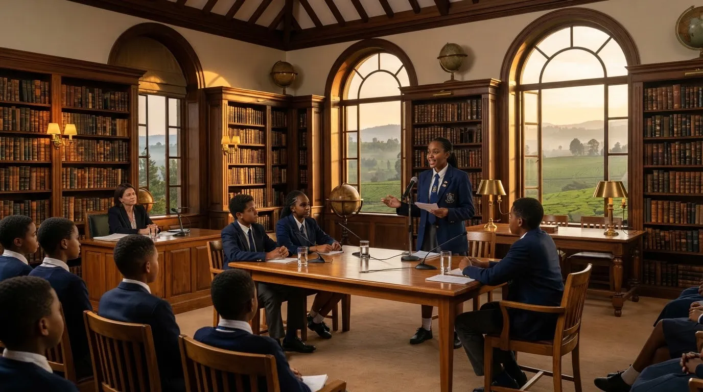 Kenyan middle school scholars in formal school uniforms participating in an articulate competitive debate session inside a stately wood-paneled library. Rows of antique leatherbound books, brass reading lamps, and large arched windows overlook the misty tea country of Limuru. The warm golden hour lighting accentuates the refined intellectual rigor and prestige of the school.