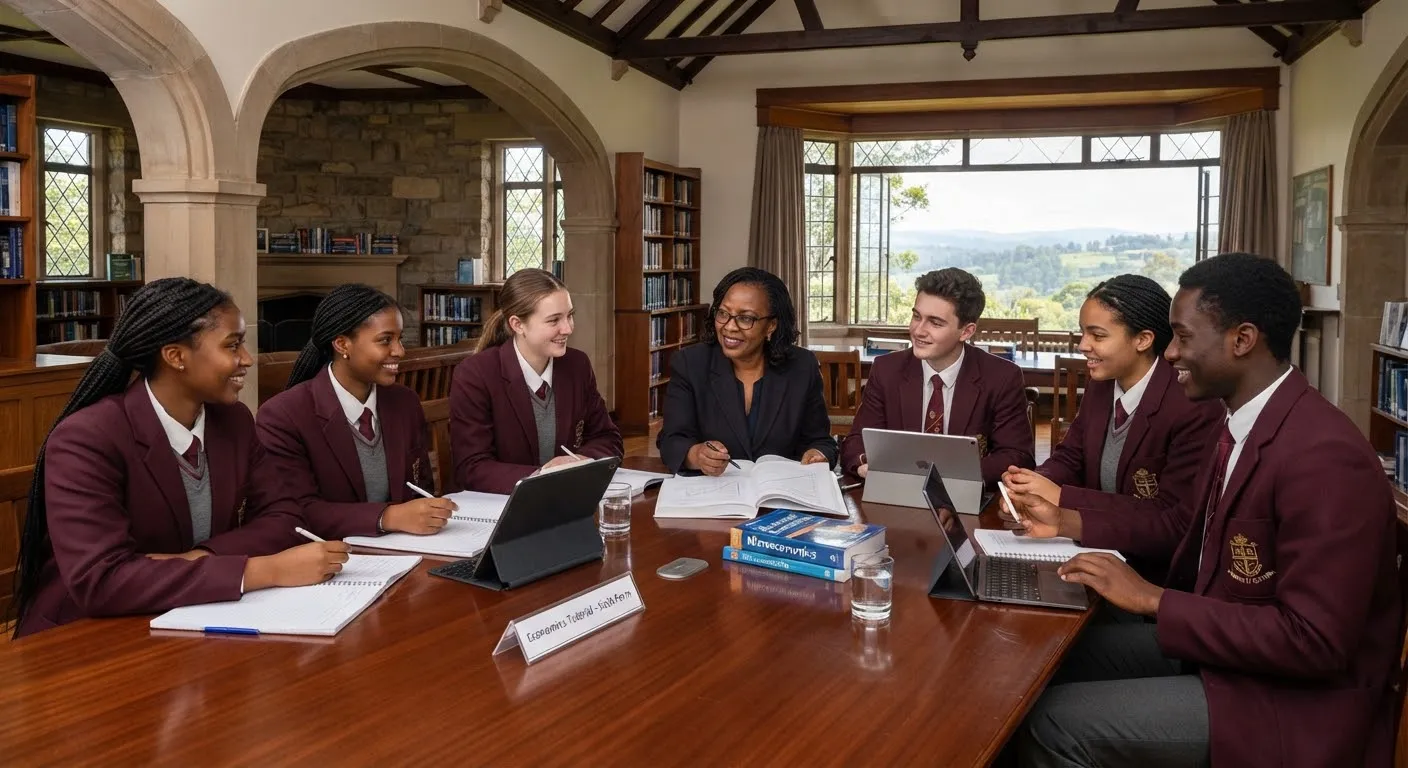 Sixth Form students at St. Anselm's wearing tailored dark burgundy blazers gathered in an advanced Oxbridge-style seminar room. A scholarly instructor facilitates an economics tutorial at a polished mahogany table with digital tablets and traditional notebooks. High ceilings, classical architectural lines, and panoramic view of Limuru's pine ridge create an atmosphere of scholarly gravitas.