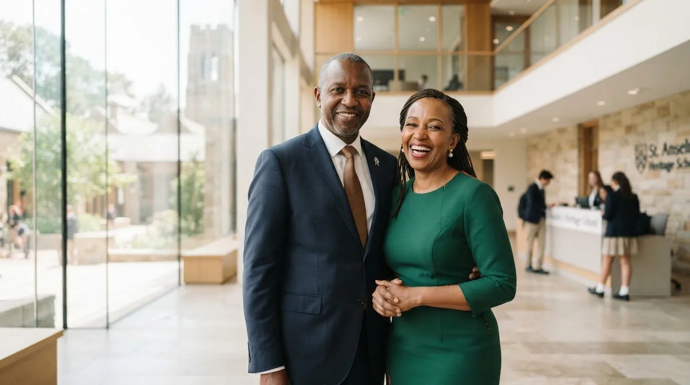 Portrait of an elegant Kenyan couple in professional attire, Dr. David and Wanjiku Kariuki, smiling warmly in a bright editorial light-mode setting with soft natural light and refined architectural lines in the background.