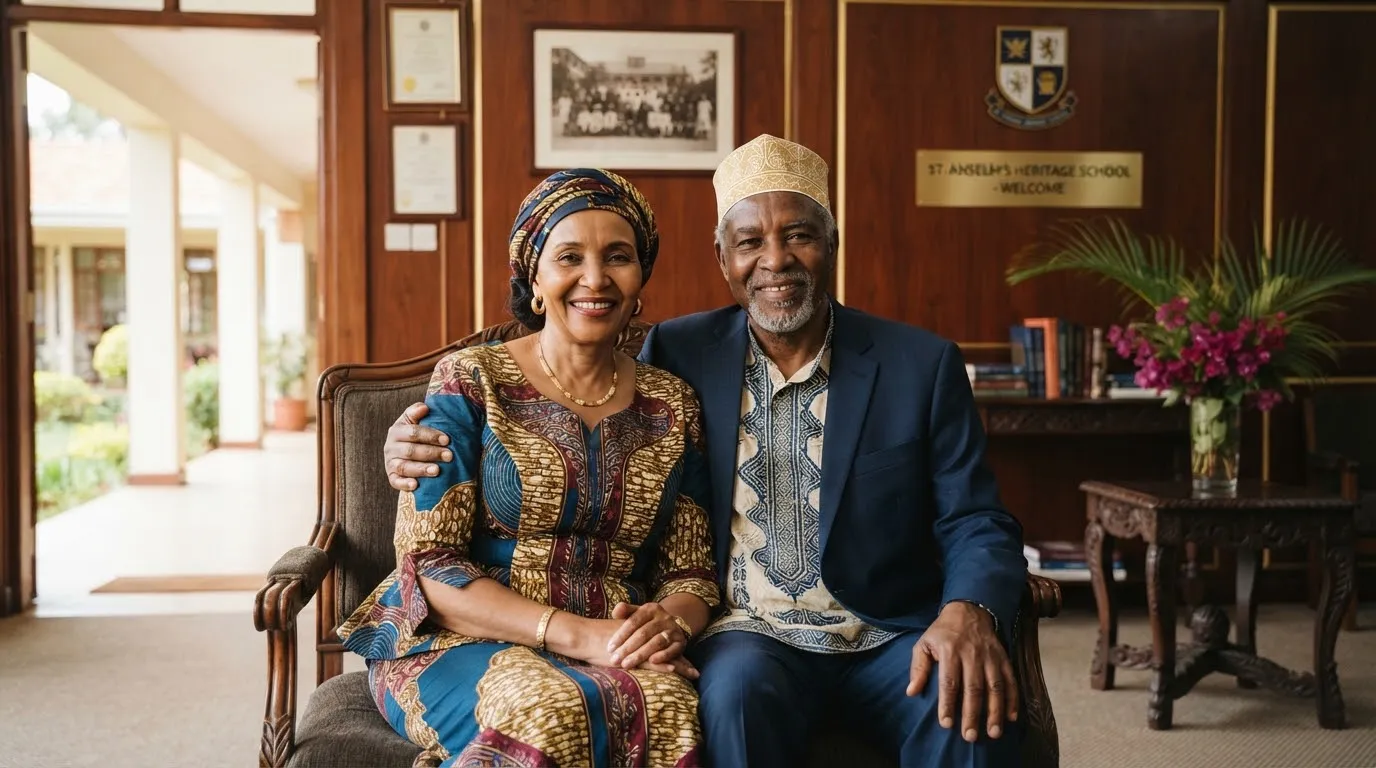 Portrait of an esteemed coastal Kenyan couple, Amina and Faruq Mohammed, smiling warmly in a refined light-filled reception room with classic hardwood panels and subtle gold accents.
