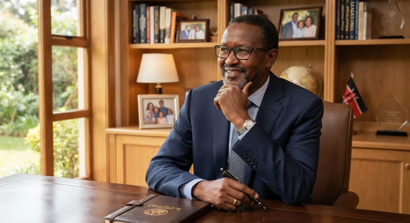 Distinguished Kenyan engineer and father, Eng. Peter Mutua, captured in a thoughtful, dignified executive portrait wearing spectacles and a tailored navy suit in a warm daylight study setting.