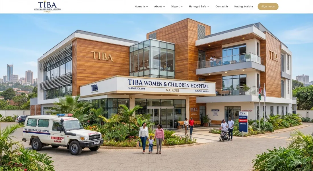 Modern architectural exterior facade of Tiba Women & Children Hospital in Nairobi, clear glass entrances, elegant signage, warm wooden panels, landscaped entrance with ambulances and families.