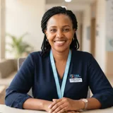Portrait of happy woman Caroline Wanjiku smiling warmly, natural soft portrait lighting, clean background.