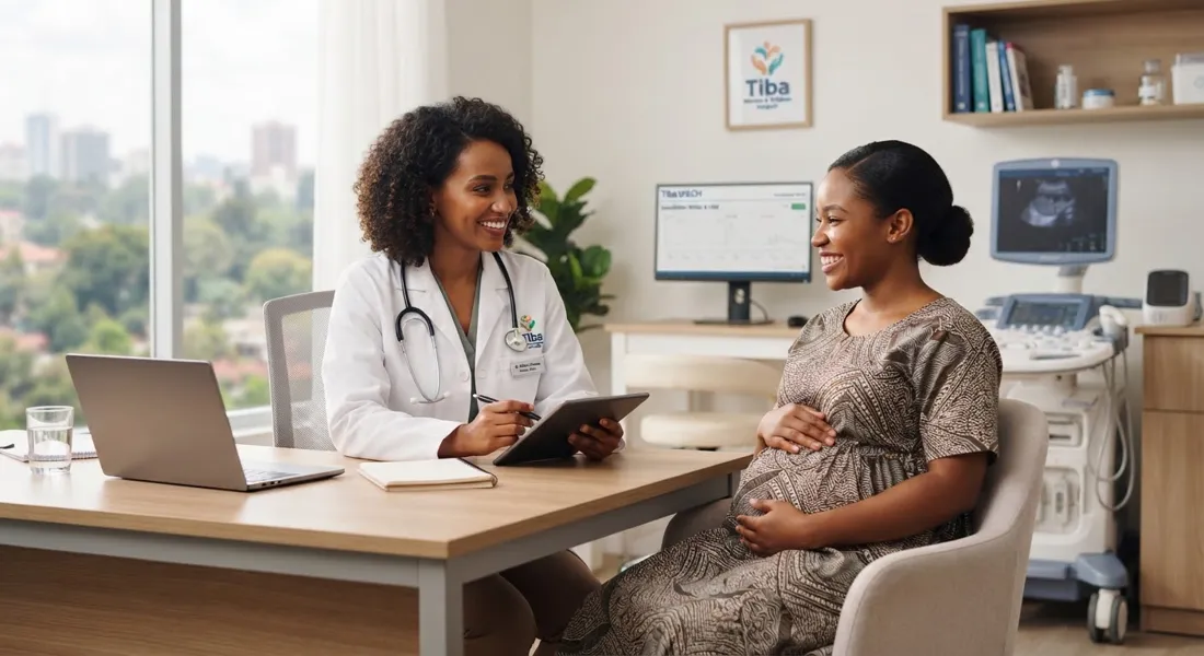 Modern bright consultation room in Nairobi with a compassionate woman physician in clean white coat warmly consulting an expectant mother, warm natural lighting, clinical monitors visible in soft background blur, clean architectural setting.