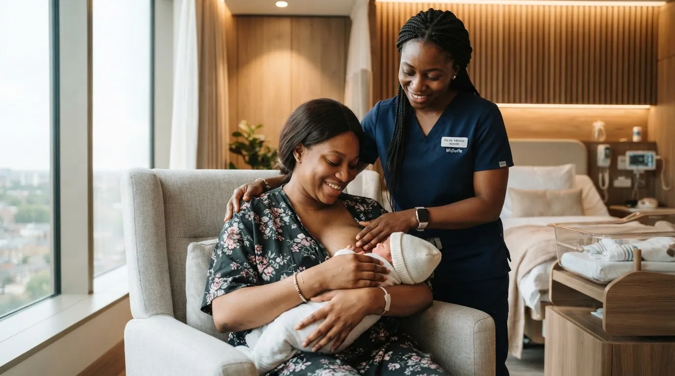 A nurse midwife supporting a mother holding her newborn baby in a maternity suite