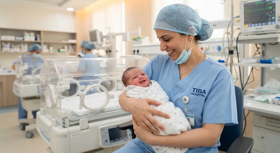 Doctor in surgical scrub gently holding smiling newborn baby in a sterile, warm neonatal ward, vibrant clean atmosphere, bright clinical environment with modern infant care apparatus.