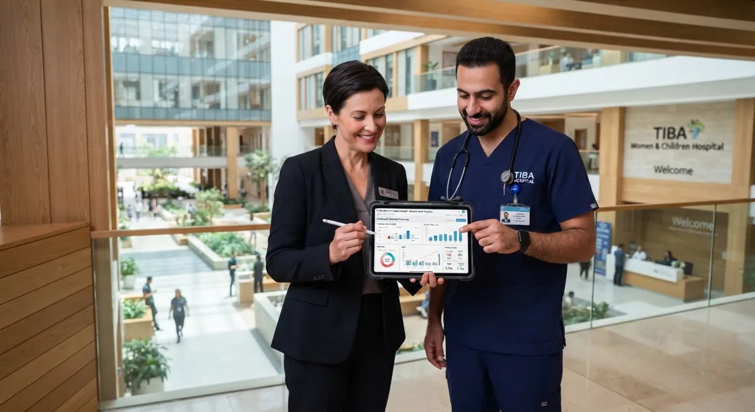 Healthcare executive and clinical pediatrician reviewing digital newborn health metrics on tablet in modern hospital atrium, architectural glass and warm timber interior, bright professional lighting.