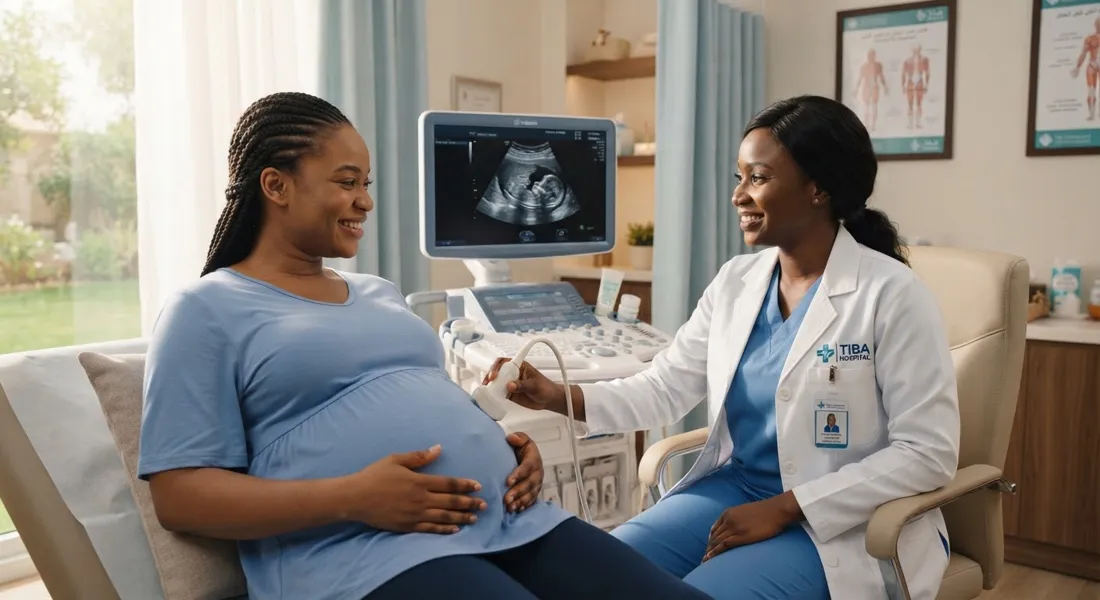 Serene pregnant African mother in comfortable clinic suite receiving friendly obstetric ultrasound consultation with caring specialist doctor, warm natural light and calm medical setting.