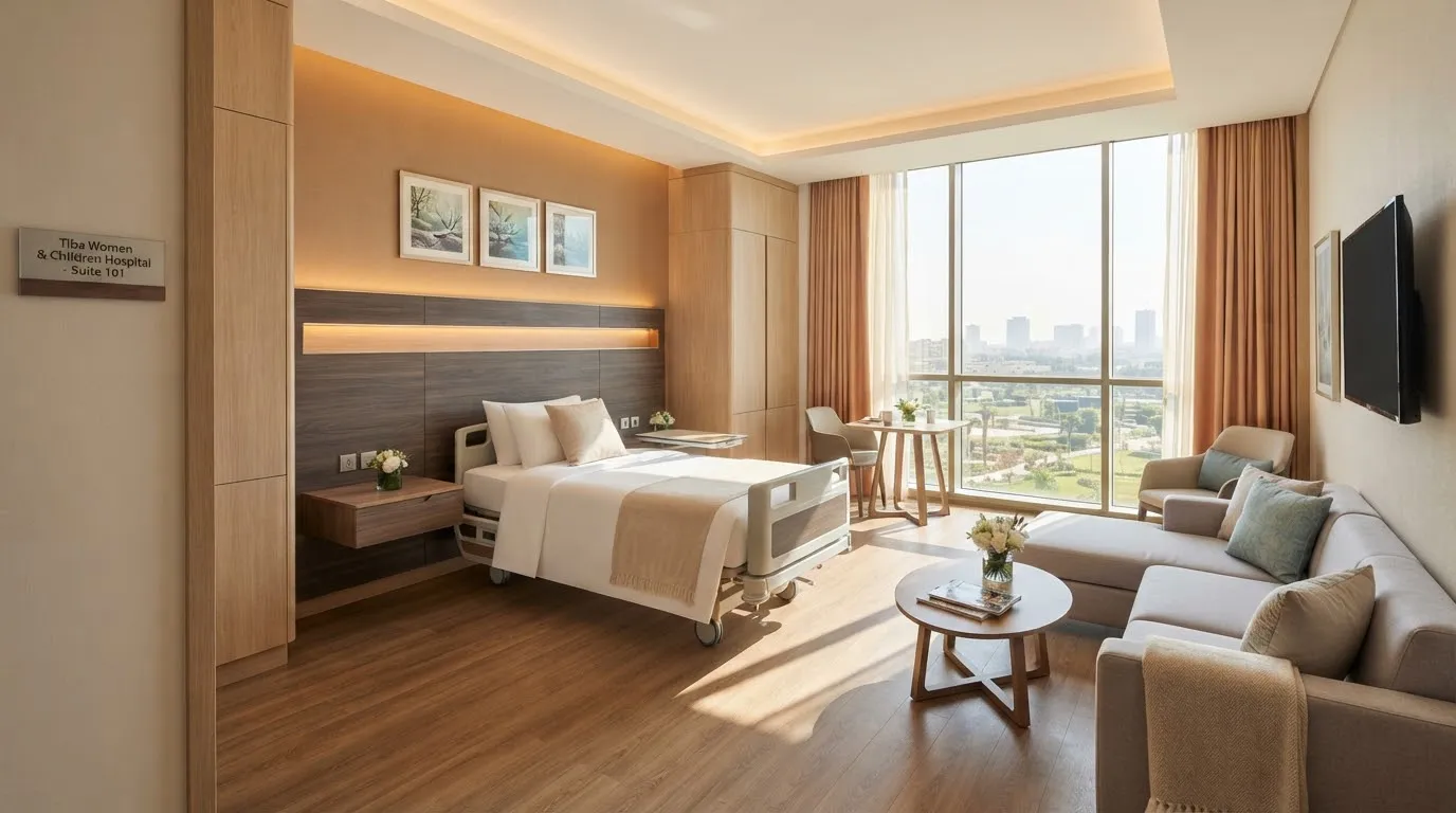 A private hospital suite with a family daybed and a large window
